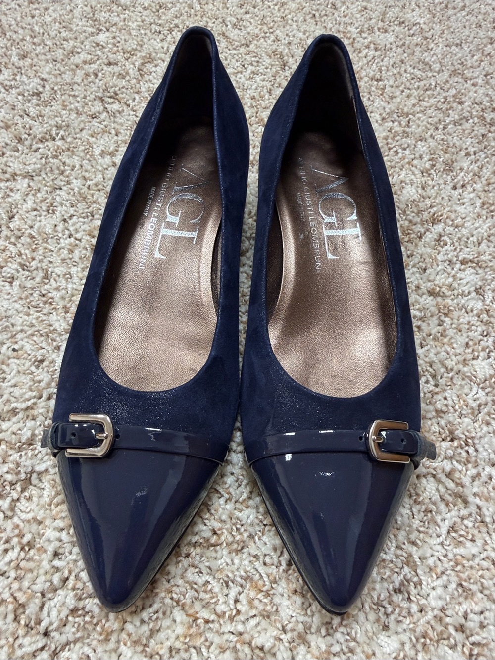 AGL Navy Patent & Suede Pointed Toe Flats with Buckle